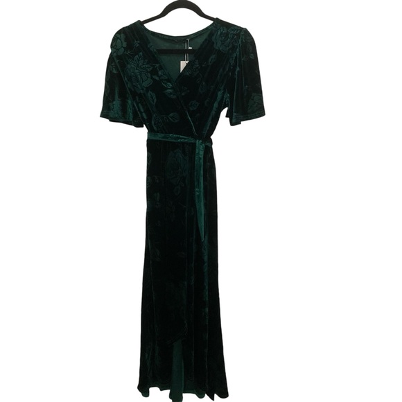 Simplee women’s velvet floral pattern wraparound maxi dress small emerald - Picture 3 of 6